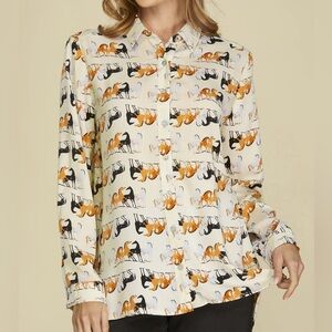 SPANNER Women's Tan Cream Galloping Horses Print Blouse Tunic L/S Size XL NEW